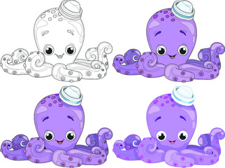 Cute bright cartoon purple octopus in small sea hat sketch template set. Smiling colorful story book animal vector illustration in color and black and white for games, pattern. Coloring paper, page