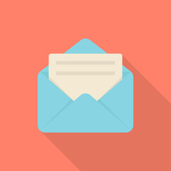 Email icon with long shadow on orange background, flat design style