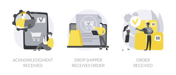 Order status abstract concept vector illustration set. Acknowledgment received, drop-shipper receives order, package delivery service, retail shopping online, shipping details abstract metaphor.