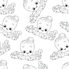 Cute cartoon octopus in small sea hat seamless pattern sketch template. Smiling graphic animal vector illustration in black and white for games, background, decor. Coloring paper, page, story book
