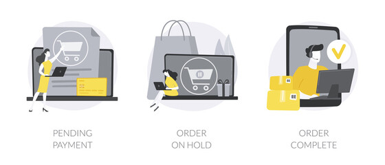 E-commerce purchase processing abstract concept vector illustration set. Pending payment, order on hold, booking complete, shipping details and delivery service, bank transaction abstract metaphor.
