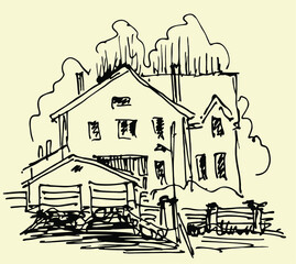 Traditional pen drawing of a country two-story house.