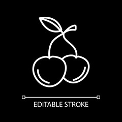 Cherries white linear icon for dark theme. Fresh fruit. Product for nutrient. Food with vitamins. Thin line customizable illustration. Isolated vector contour symbol for night mode. Editable stroke