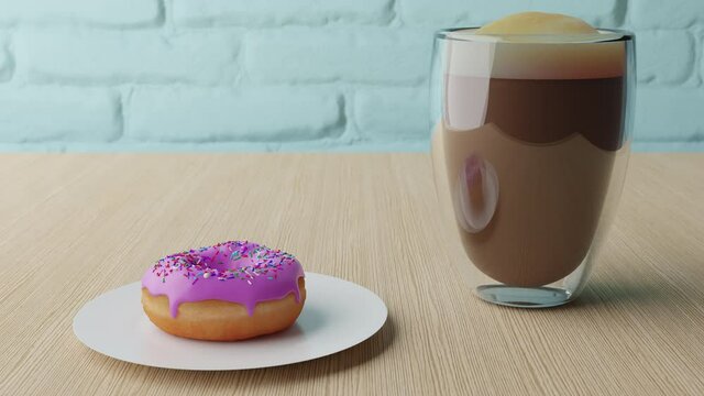 Yummy donut with pink icing and colorful sprinkles and cup of coffee with foam on wooden table background. Sweet background. 3D render.