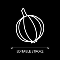 Whole onion white linear icon for dark theme. Fresh vegetable for cooking. Grocery product. Thin line customizable illustration. Isolated vector contour symbol for night mode. Editable stroke