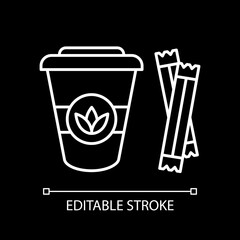 Leaf tea to go white linear icon for dark theme. Add sugar to natural drink. Disposable cup. Thin line customizable illustration. Isolated vector contour symbol for night mode. Editable stroke