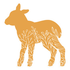 Hand drawn vector silhouette of lamb with floral ornament. Stock illustration of easter farm animal isolated on white.