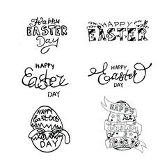 Vector set lettering and sweet rabbit, bunny in egg Happy easters day black and white isolated, hand drawning, for card, spring holliday