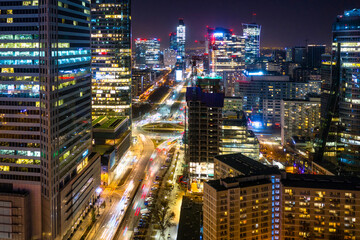 Amazing cityscape of Warszawa at night, capital city of Poland.