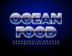 Vector elite sign Ocean Food. Blue and Gold premium Font. Luxury Alphabet Letters and Numbers set