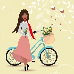 A young, beautiful girl with a bicycle and flowers in her hands.
Basket of flowers. Mimosa bouquet. Spring. March 8. Vector illustration.