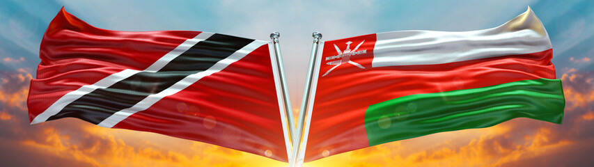 Fototapeta na wymiar Trinidad and Tobago Flag and Oman Flag waving with texture Blue sky could and sunset Double flag