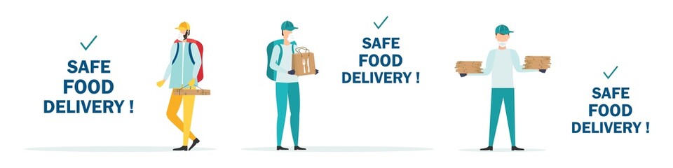 Safe delivery food. A courier wearing a medical mask delivers food a parcel during quarantine. Safe delivery concept with social distance. Vector illustration