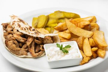 Chicken Shawarma Doner on a plate, Chicken Shawarma plate isolated on white background.
