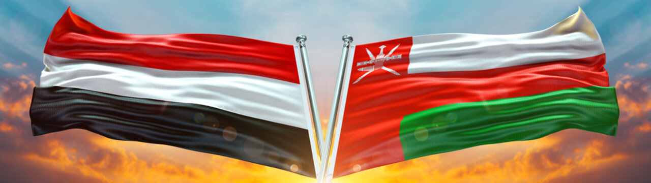 Yemen Flag And Oman Flag Waving With Texture Blue Sky Could And Sunset Double Flag