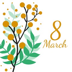 Women's Day 8 March greeting card. Abstract background with mimosa flowers and leaves. Spring, vector illustration. Greeting card. International Women's Day.