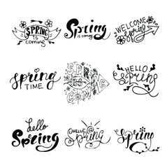 Spring lettering set black isolated with flowers, bird, leafs, for card, poster, book, color book