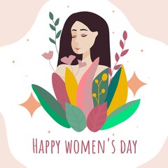 Happy Women's Day on March 8! Beautiful girl with flowers.
March 8. Flat vector illustration. Cute postcard or poster for the holiday. A holiday gift.