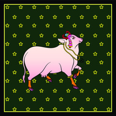 Holy cow in Kalamkari Indian traditional folk art on linen fabrics. It can be used for a coloring book, textile/ fabric prints, phone case, greeting card. logo, calendar