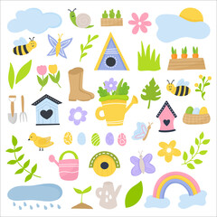 Gardening spring hand drawn set with cute elements
