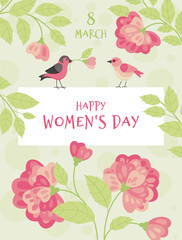 Happy Women's Day card with spring flowers and birds. Spring mood. Frame, poster, banner, card, template. Vector illustration.