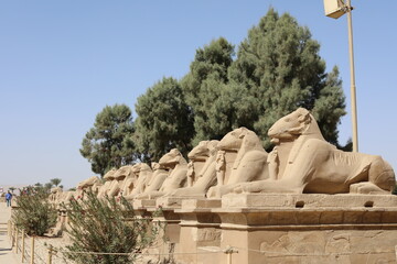 Karnak temple in historic city. Ruins of the ancient town. View of the antique famous sculptures at...