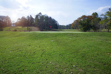 Background of evening golf course has sunlight shining down at golf course in Thailand. Nice scenery on a golf course at a late summer afternoon.