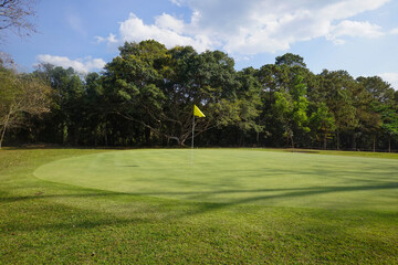 Background of evening golf course has sunlight shining down at golf course in Thailand. Nice scenery on a golf course at a late summer afternoon.