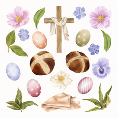 Religious Easter Clipart Cross, Eggs With Spring Blue Flowers

