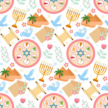 Passover seamless pattern. Pesach endless background, texture. Jewish holiday backdrop. Vector illustration