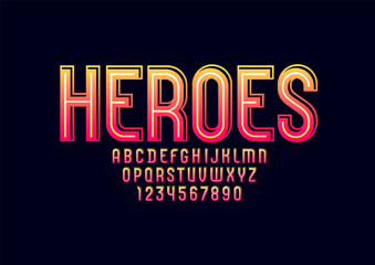 Fototapeta premium 3D font with comic book hero styling, alphabet, retro typeface letters and numbers, vector illustration 10eps