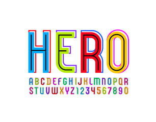 3D font with comic book hero styling, multi colored alphabet, bright condensed letters and numbers, vector illustration 10eps