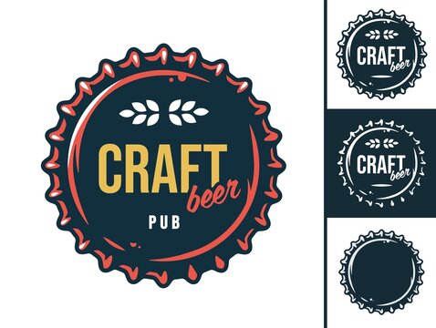 Set of emblem with metal cork from bottle. Craft beer cap for design of pub or bar