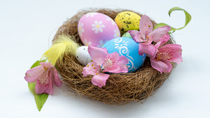 Natural composition. Easter decoration. Spring ornament. Colorful painted eggs with traditional and modern pattern feather pink flowers in nest isolated on white background.