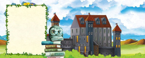 Cartoon nature scene with beautiful castle and forest
