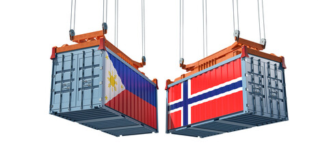 Freight containers with Norway and Philippine flag. 3D Rendering 