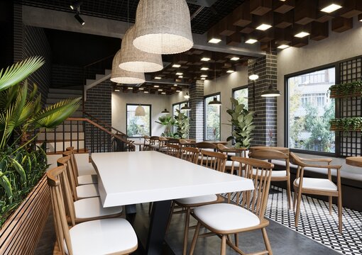 3d render of restaurant and cafe interior
