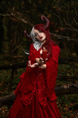 Obraz premium Stylish and fashionable model girl in the image of Maleficent posing among mystic forest - fairytale story, cosplay. Halloween