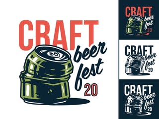 Set of emblem or T-shirt print with crumpled alcohol can. Craft lager beer tin for design of pub or bar