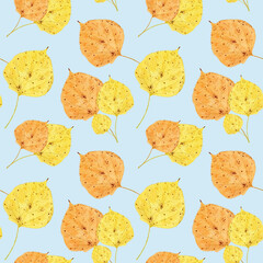 Watercolor Autumn Pattern with Linden Leaves. Autumn Leaf of Linden tree on a Blue Background. Herbarium. Autumn seamless pattern with leaf. Autumn theme.
