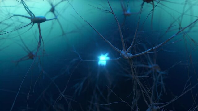 Animation of the activity of neurons and synapses. Neural connections in outer space, radioactivity, neurotransmitters, brain, axons. Electrical impulses transmitting signals. Mind concept.