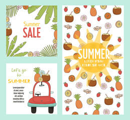 A set of templates for social media with summer items. The concept of summer sales, vacations and travel. Bright vector illustrations. 