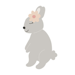 Grey Baby Bunny with a flower on head. Little Sleep Rabbit. Cute Easter Animal. Hares Vector Spring illustration isolated on background. Design for card, print, book, kids story.
