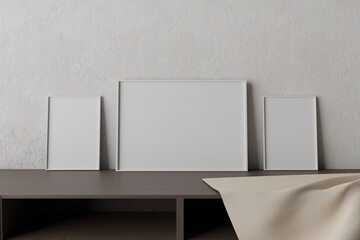 White empty picture frames on wooden table in font of concrete background. 3D rendering of picture frames on table. Picture frame mockup. 