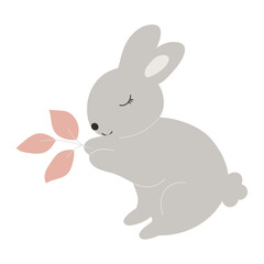 Grey Baby Bunny holds leaves in its paws. Little Rabbit. Cute Easter Animal. Hares Vector Kids Illustration isolated on background. Design for card, print, book, kids story	
