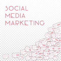 Social media icons. Social media marketing concept. Falling pink like counter. Bottom right corner e