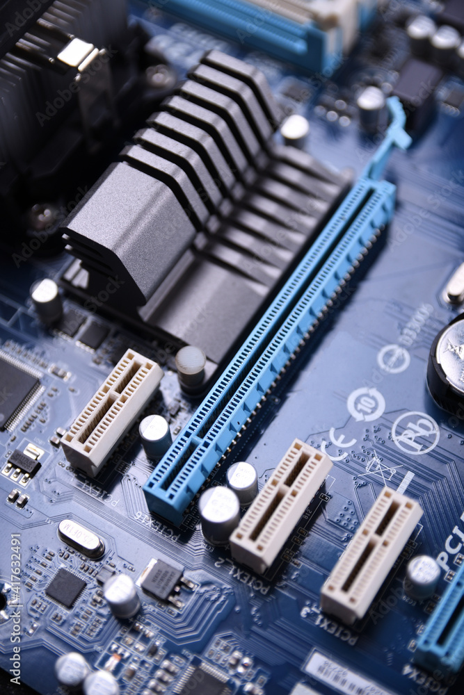 Poster Computer motherboard and electronical components cpu gpu memory and different sockets for video card close up