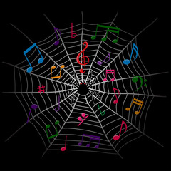 music notes and spider web dark background