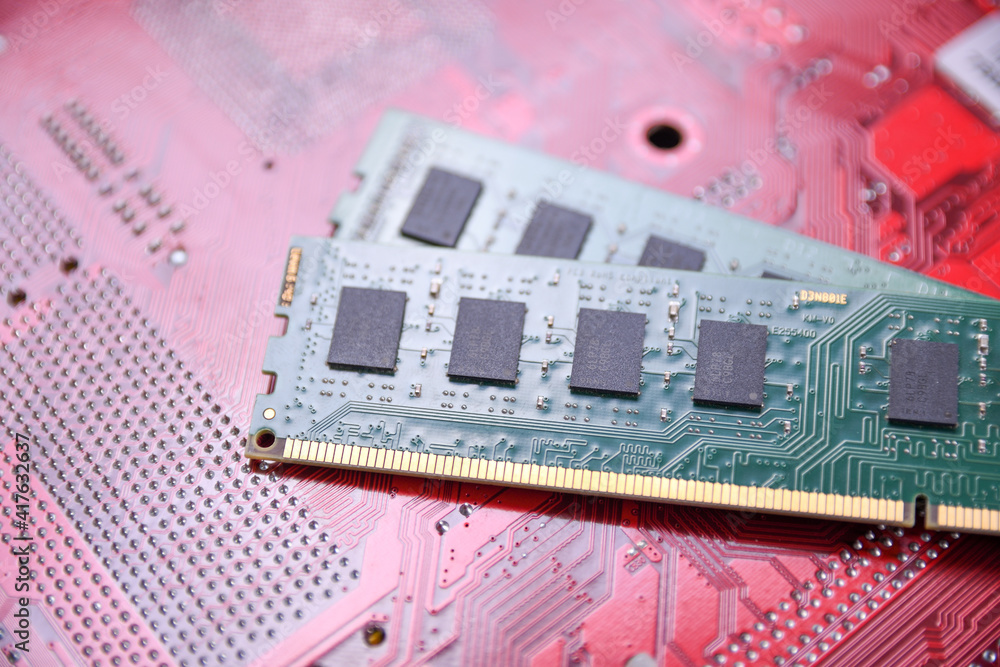 Poster Computer memory RAM on motherboard background . Close up. system, main memory, random access memory, onboard, computer detail. Computer components . DDR3. DDR4. DDR5