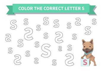 Printable game. Worksheet for kids. Exercise about letter reversals. Color the correct letter S. French bulldog, Page a4, Vector.